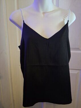 Rachel Zoe Cami Tank Top Black V-Neck faux pearl beaded straps. Small